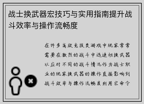 战士换武器宏技巧与实用指南提升战斗效率与操作流畅度