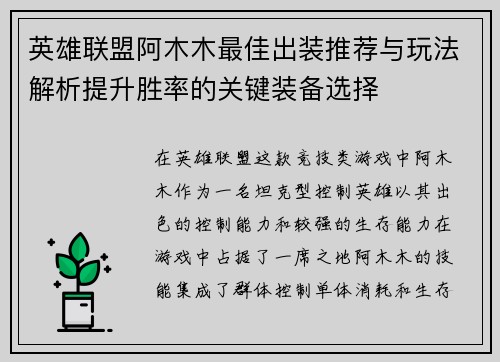英雄联盟阿木木最佳出装推荐与玩法解析提升胜率的关键装备选择